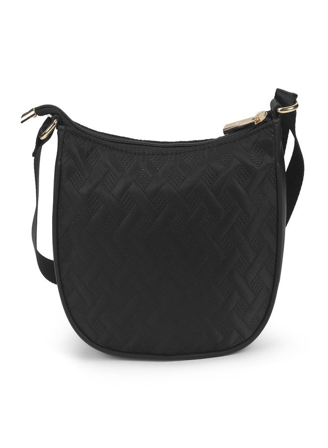 Metro Women Black Casual Fabric Soft Body Zipper closure Quilted Sling Bag (66-777) - Image 5